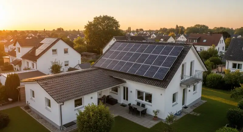 German detached house (Einfamilienhaus) with photovoltaic panels on pitched roof, well-maintained garden, warm afternoon sunlight