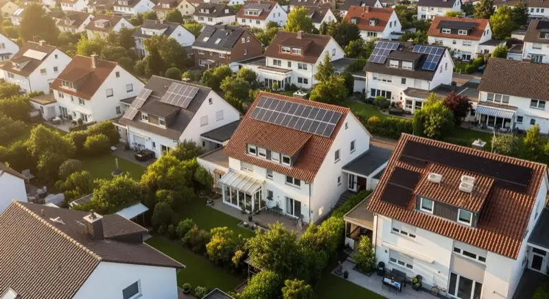 Aerial drone view of typical German residential neighborhood with mixed roof types, red and dark roof tiles, gardens visible, sunny day