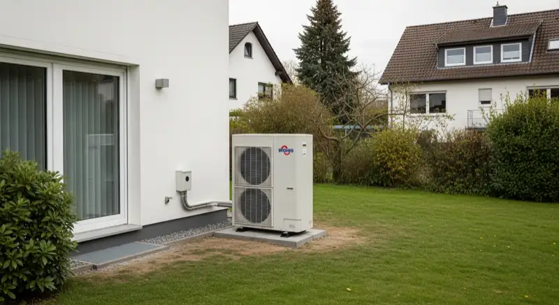 Installateur montiert Wärmepumpen-Außeneinheit mit 3 Meter Abstand zur Grundstücksgrenze in Homburg