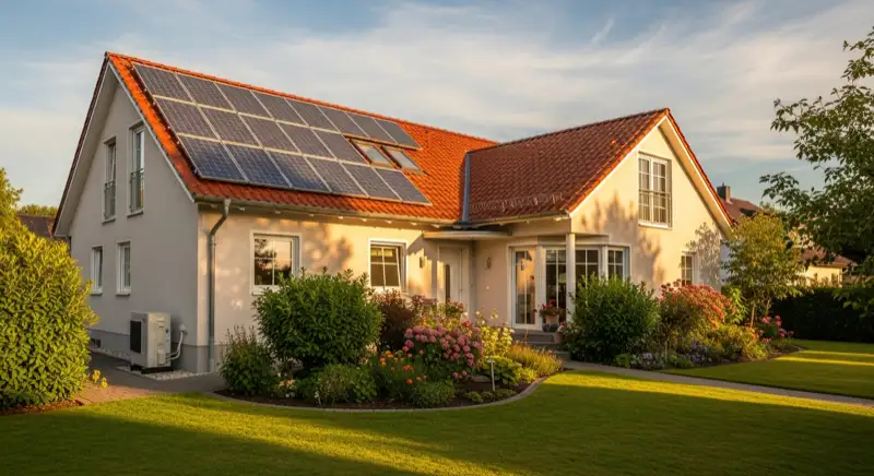 German detached house (Einfamilienhaus) with photovoltaic panels on pitched roof, well-maintained garden, warm afternoon sunlight