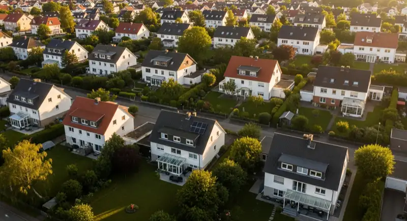 Aerial drone view of typical German residential neighborhood with mixed roof types, red and dark roof tiles, gardens visible, sunny day