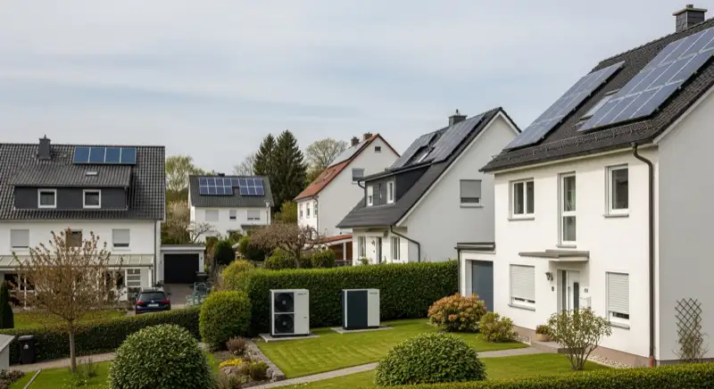 Service-Techniker führt Wartung an Luft-Wasser-Wärmepumpe in Homburger Wohnsiedlung durch