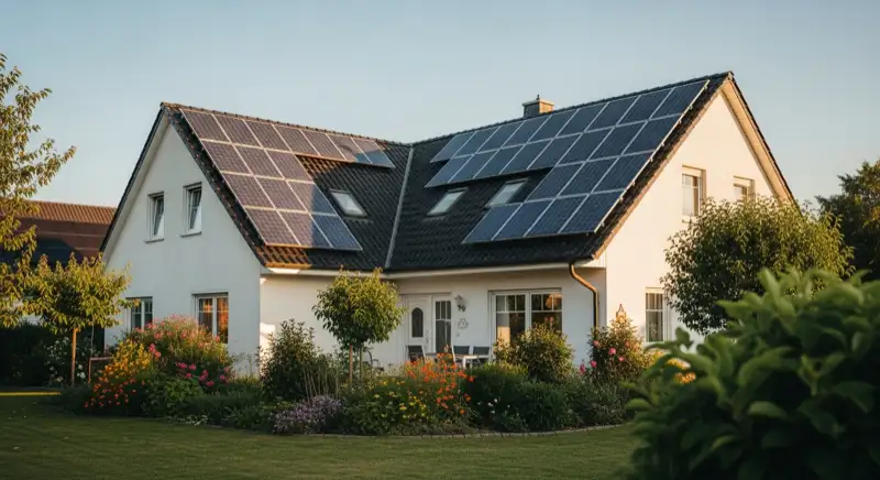German detached house (Einfamilienhaus) with photovoltaic panels on pitched roof, well-maintained garden, warm afternoon sunlight