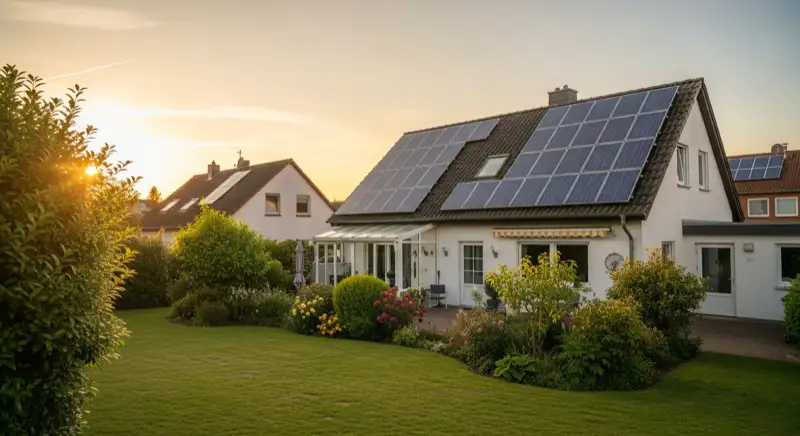 German detached house (Einfamilienhaus) with photovoltaic panels on pitched roof, well-maintained garden, warm afternoon sunlight