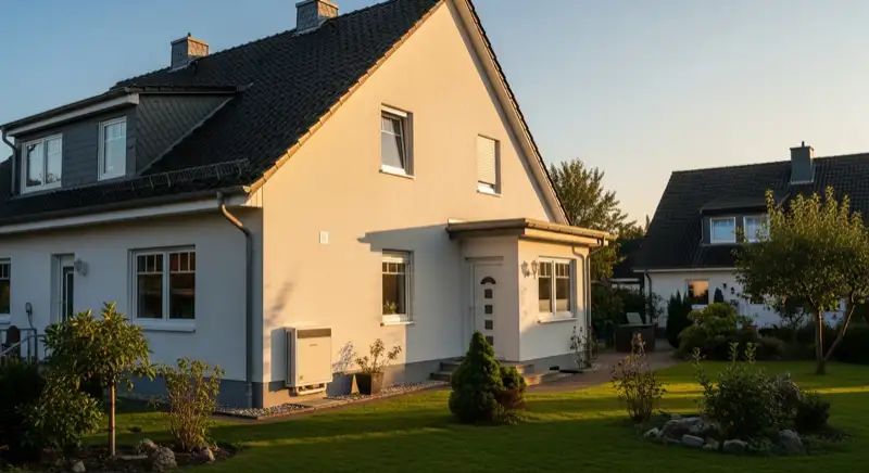 Einfamilienhaus in Hoyerswerda mit Wärmepumpen-Außengerät an der Hauswand
