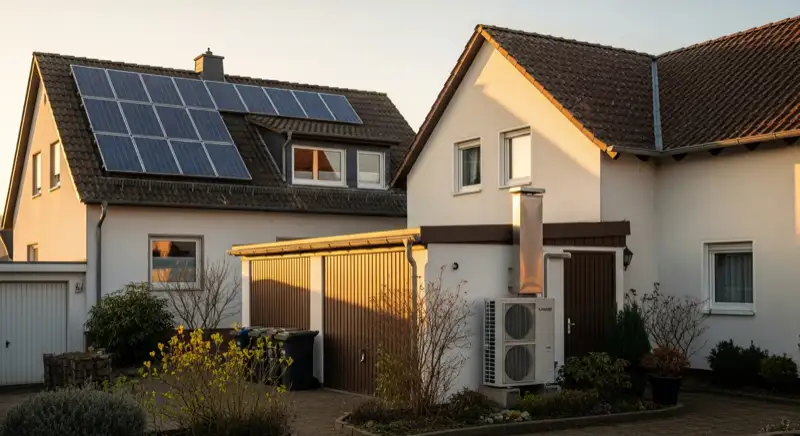 Dach mit Photovoltaikanlage und sichtbarem Wärmepumpen-Außengerät in Hoyerswerda