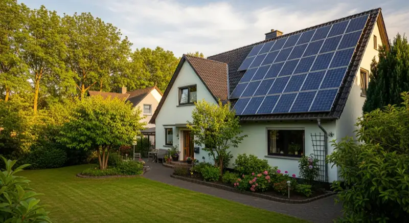 Einfamilienhaus in Hoyerswerda mit PV-Dach und Wärmepumpe im Garten