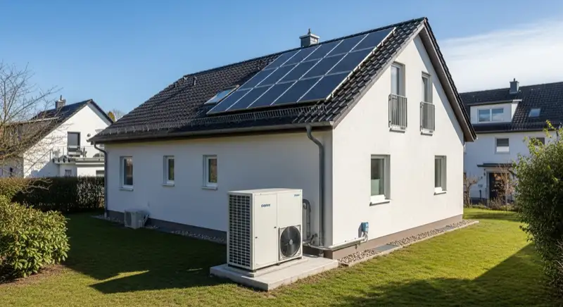 Einfamilienhaus in Hoyerswerda mit Wärmepumpe im Garten und PV-Dach