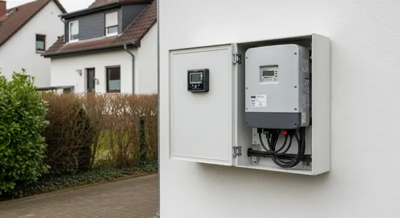 Modern German electrical meter cabinet (Zählerschrank) with smart meter and solar inverter connection, clean technical installation