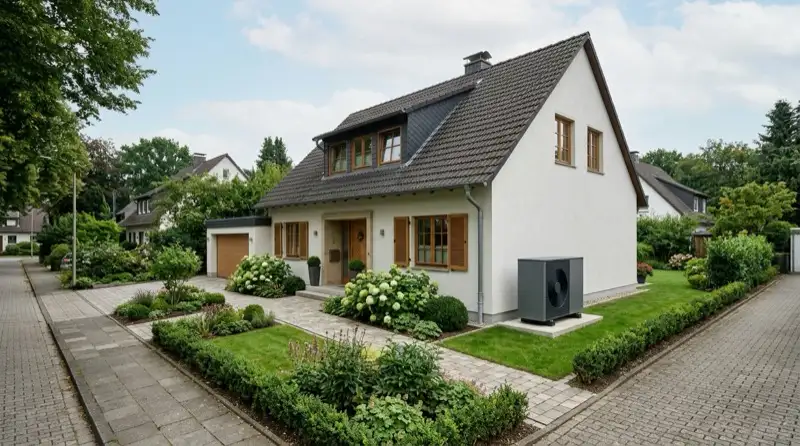 Luft-Wasser-Wärmepumpe als unbeschriftetes Außengerät neben einem sanierten Einfamilienhaus in Ibbenbüren