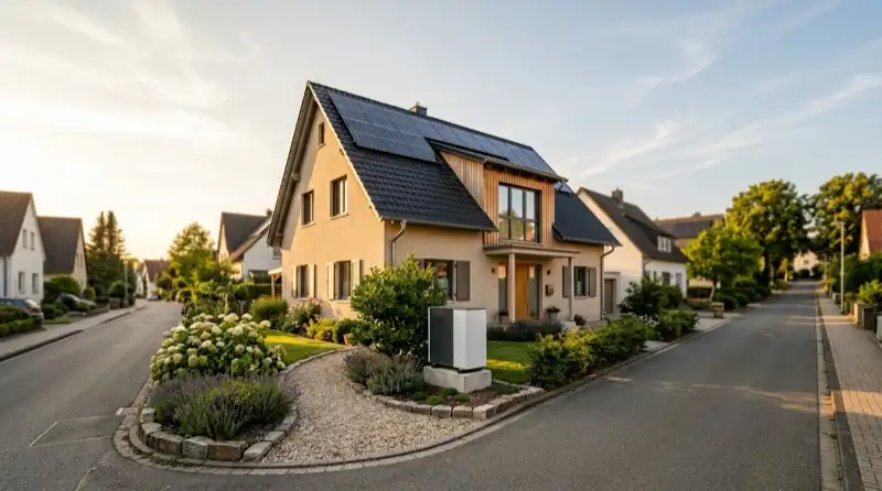 Saniertes Einfamilienhaus in Ibbenbüren mit Wärmepumpe im Vorgarten und Photovoltaik auf dem Dach