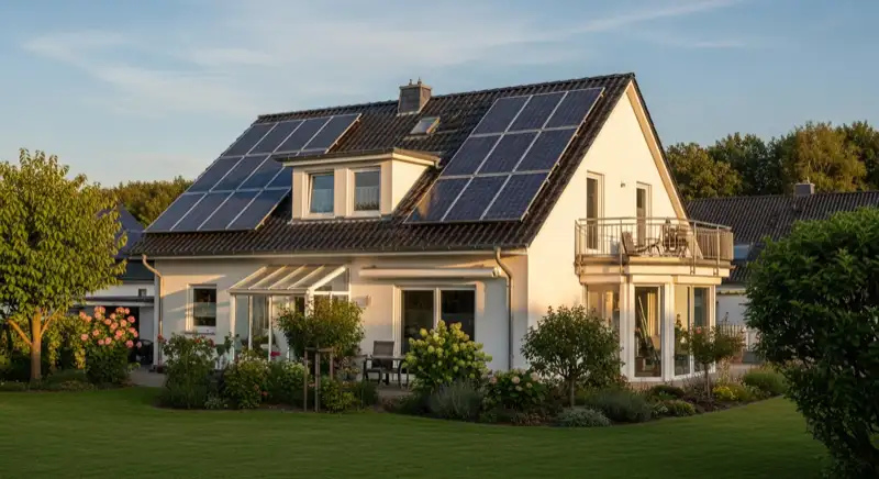 German detached house (Einfamilienhaus) with photovoltaic panels on pitched roof, well-maintained garden, warm afternoon sunlight