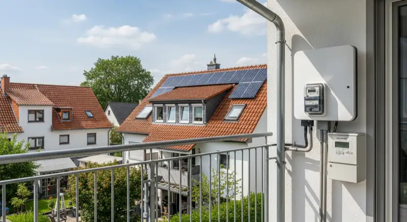 Modern German electrical meter cabinet (Zählerschrank) with smart meter and solar inverter connection, clean technical installation