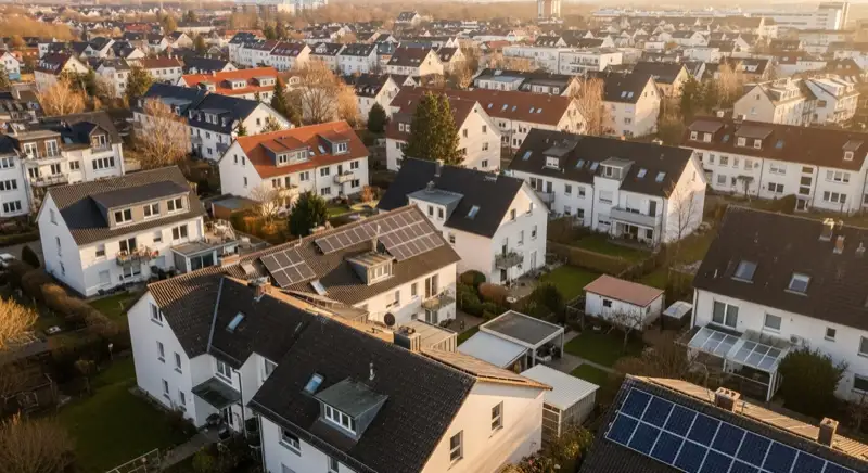 Aerial drone view of typical German residential neighborhood with mixed roof types, red and dark roof tiles, gardens visible, sunny day