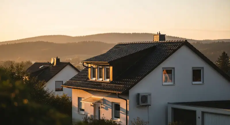 Einfamilienhaus in Ilmenau mit Wärmepumpen-Außeneinheit vor Thüringer-Wald-Umfeld