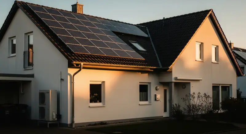 Einfamilienhaus in Ilmenau mit Photovoltaik-Dach und Wärmepumpen-Außeneinheit