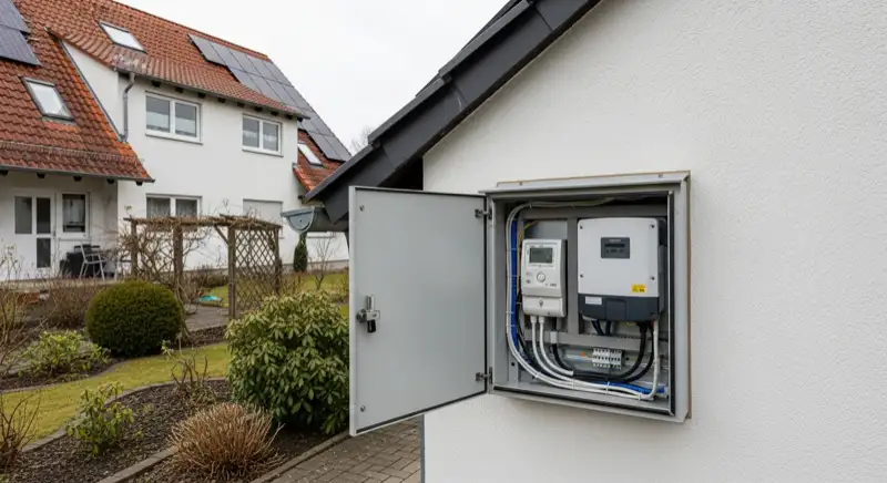Modern German electrical meter cabinet (Zählerschrank) with smart meter and solar inverter connection, clean technical installation