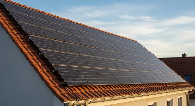 Close-up of photovoltaic solar panels installed on a traditional German Satteldach (gabled roof), blue sky with some clouds