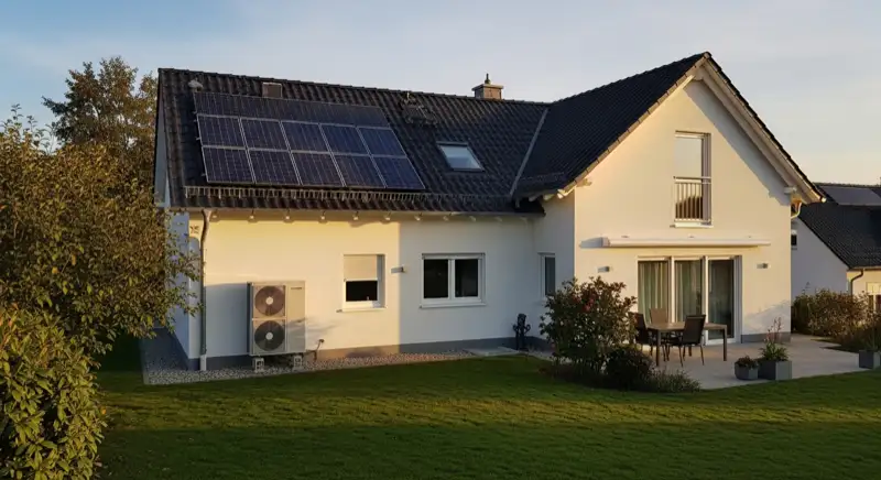 Einfamilienhaus in Rheinhessen mit PV-Dach und Wärmepumpen-Außengerät