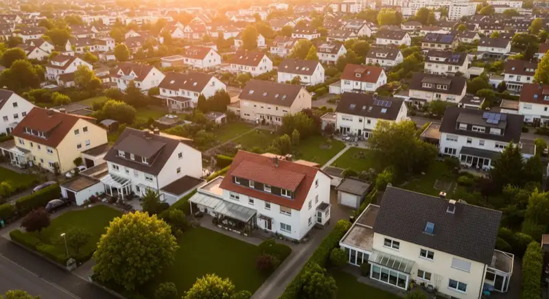 Aerial drone view of typical German residential neighborhood with mixed roof types, red and dark roof tiles, gardens visible, sunny day