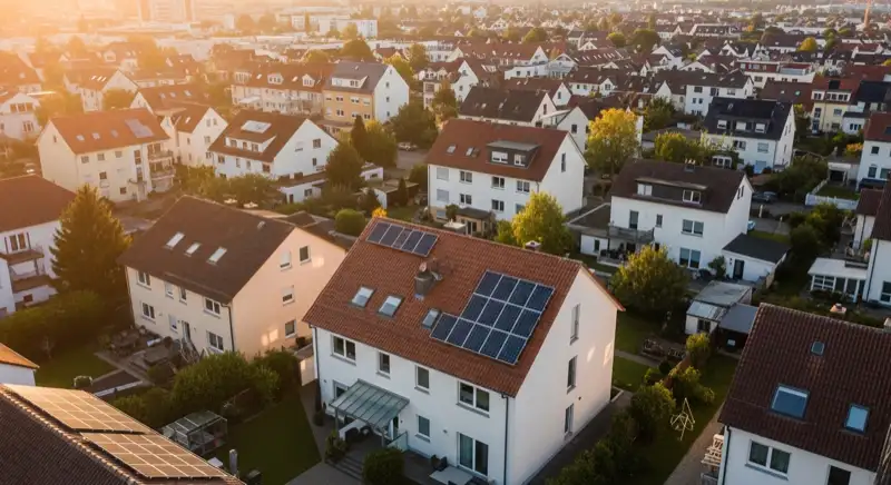 Aerial drone view of typical German residential neighborhood with mixed roof types, red and dark roof tiles, gardens visible, sunny day