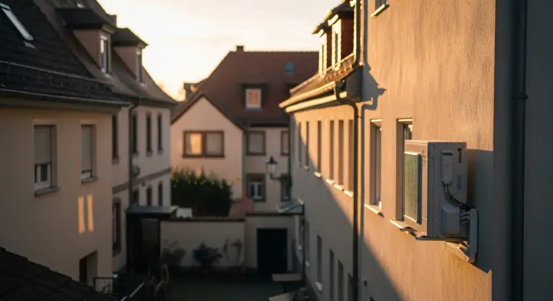 Historischer Ortskern in Ingelheim am Rhein mit Wohnhausfassaden und Heizungsbauer vor Ort