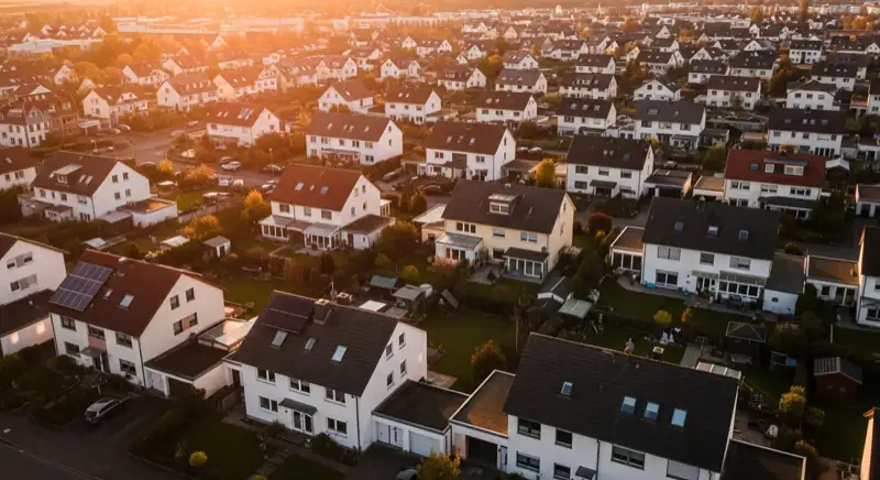 Aerial drone view of typical German residential neighborhood with mixed roof types, red and dark roof tiles, gardens visible, sunny day