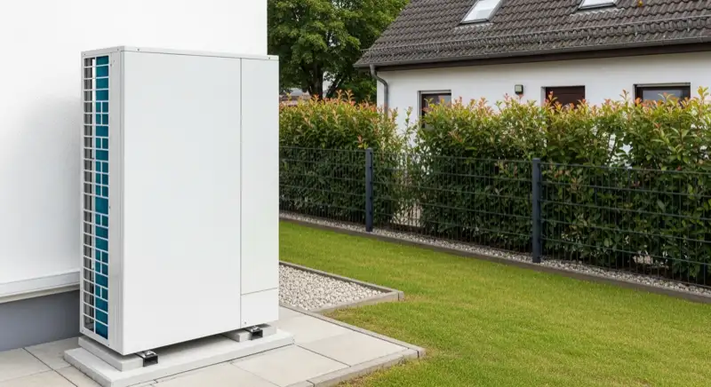 Wärmepumpen-Außeneinheit auf Betonplatten an der Hauswand, dahinter Rasen und Grundstückszaun
