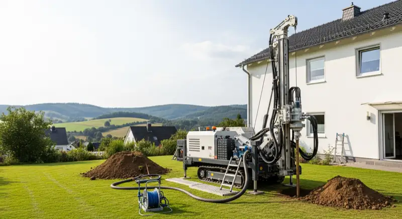Bohrgerät für eine Erdwärmesonde auf einem Wohngrundstück mit hügeligem Hintergrund
