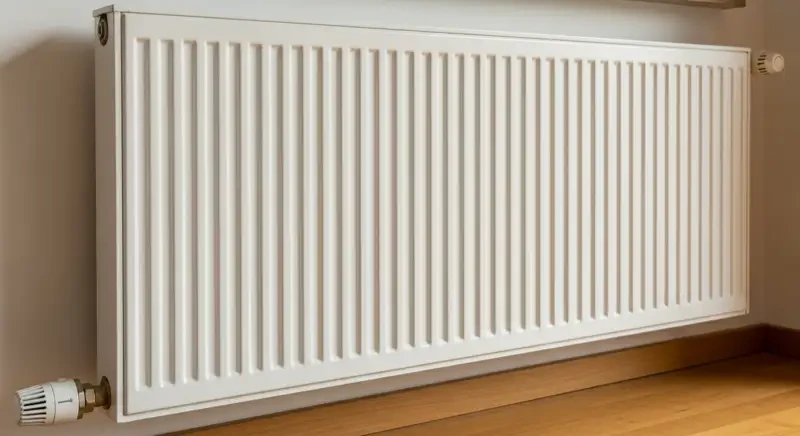 Weißer Flachheizkörper mit Thermostatventil an einer Wohnraumwand über Holzdielen