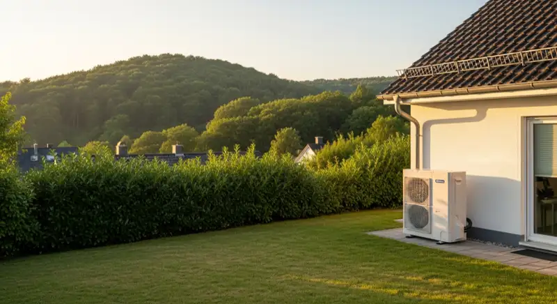 Luft-Wasser-Wärmepumpe an der Hauswand eines Einfamilienhauses vor bewaldeter Hanglage