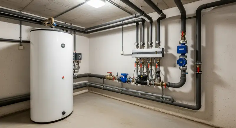 Kellerraum mit stehendem Warmwasserspeicher und Heizungsverteiler mit Umwälzpumpen und Absperrventilen