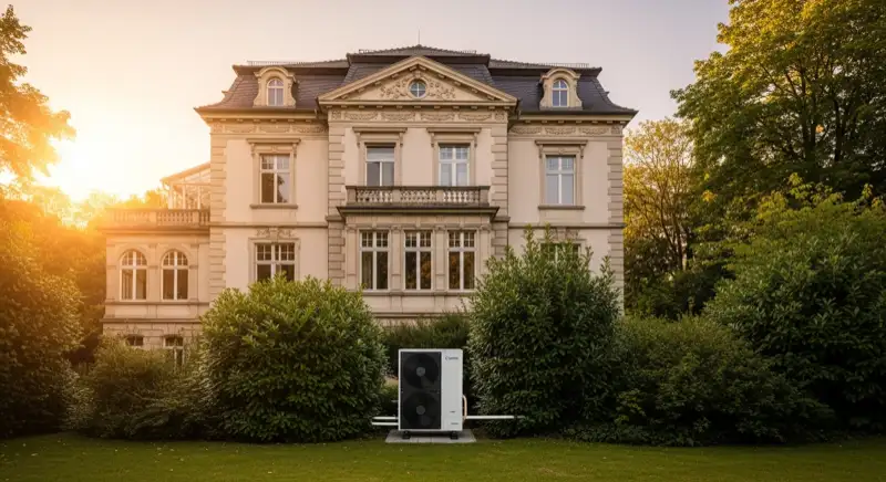 Gründerzeitvilla in Jena West mit moderner Luft-Wasser-Wärmepumpe im Garten
