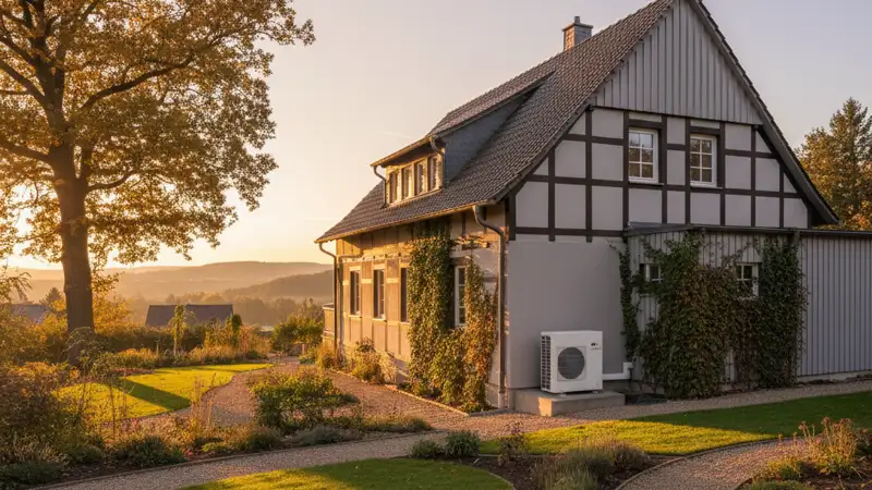Einfamilienhaus mit Wärmepumpe im Vorgarten in einem Jenaer Wohngebiet mit typischer Backstein-Architektur