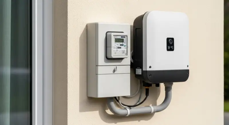Modern German electrical meter cabinet (Zählerschrank) with smart meter and solar inverter connection, clean technical installation