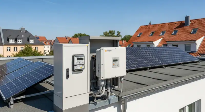 Modern German electrical meter cabinet (Zählerschrank) with smart meter and solar inverter connection, clean technical installation