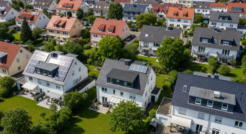 Aerial drone view of typical German residential neighborhood with mixed roof types, red and dark roof tiles, gardens visible, sunny day