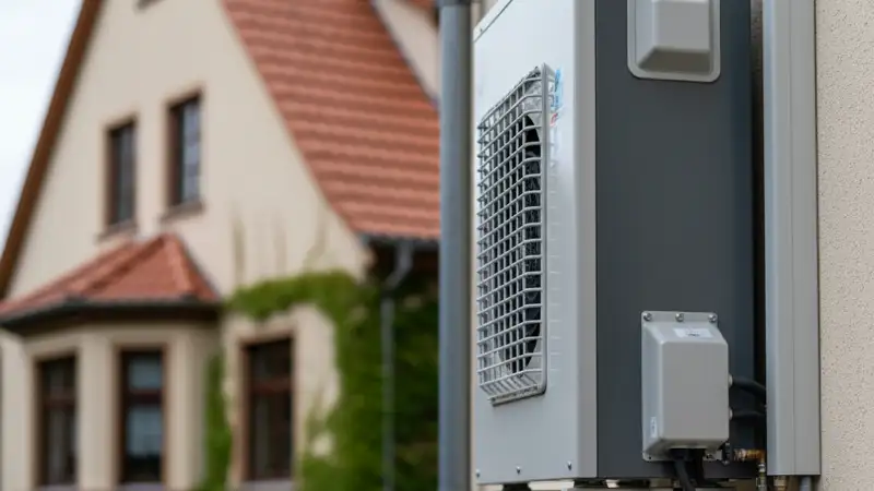 Typisches Jenaer Haus in Winzerla mit Erker und moderner Wärmepumpe im seitlichen Vorgarten