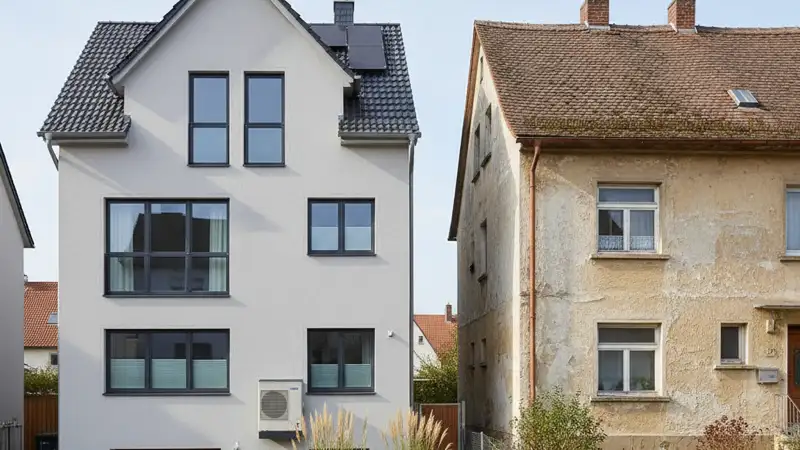 Fachinstallateur bei der Montage einer Wärmepumpe an einem Jenaer Haus mit Klinker-Fassade