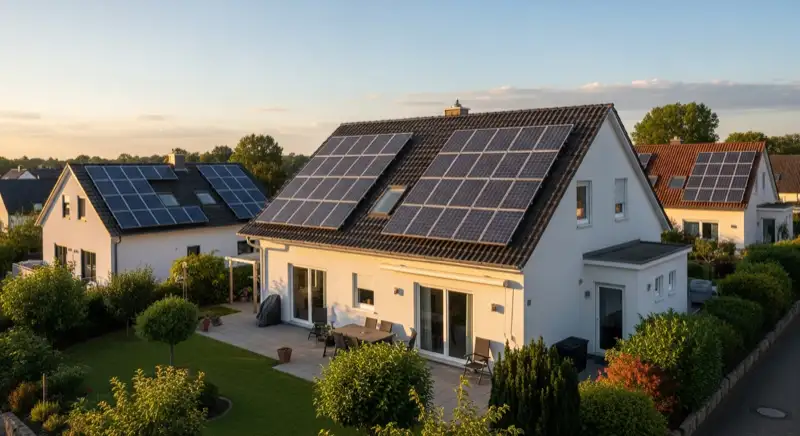 Einfamilienhaus mit Wärmepumpe im Vorgarten in einem Kaiserslauterer Wohngebiet mit typischer Wohnarchitektur