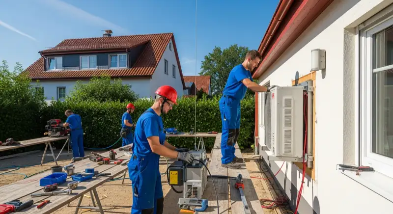 Moderner Technikraum mit Wärmepumpe und Pufferspeicher im Keller eines Kaiserslauterer Altbaus