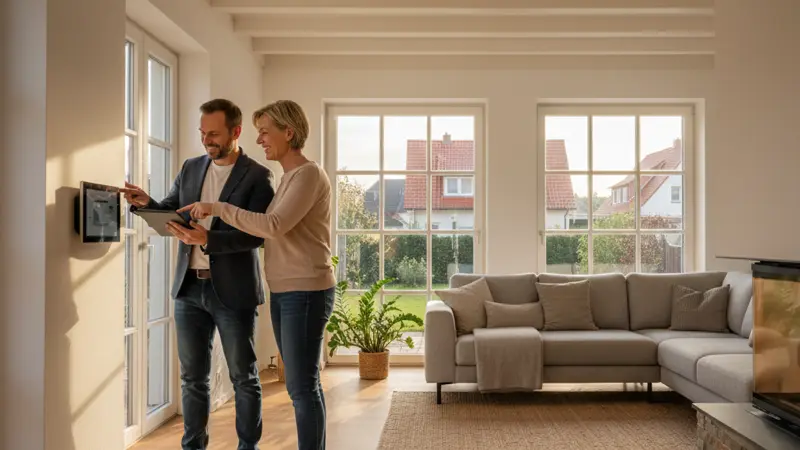 Energieberater zeigt Hauseigentümer die Wärmepumpen-Steuerung in Karlsruhe