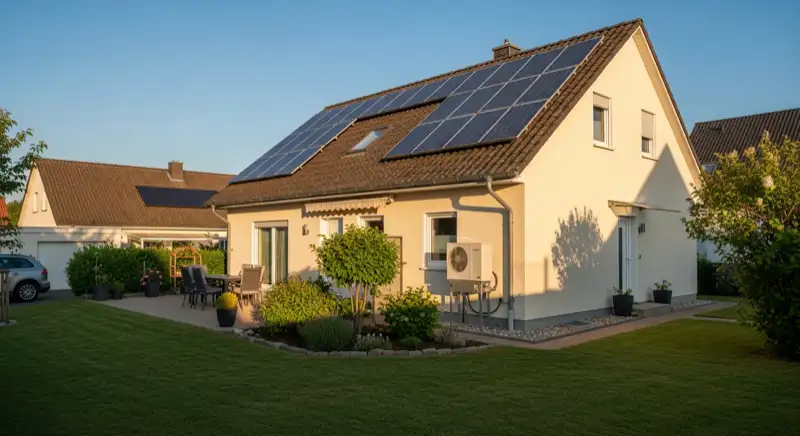 German detached house (Einfamilienhaus) with photovoltaic panels on pitched roof, well-maintained garden, warm afternoon sunlight