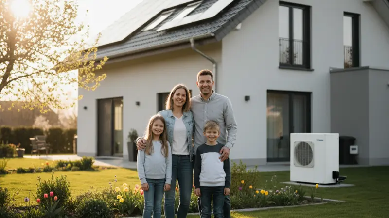 Karlsruher Familie vor Einfamilienhaus mit Wärmepumpe und Solaranlage