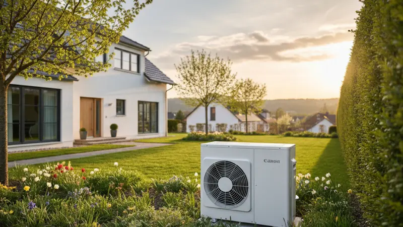 Moderne Luft-Wärmepumpe vor einem Karlsruher Einfamilienhaus im Frühling