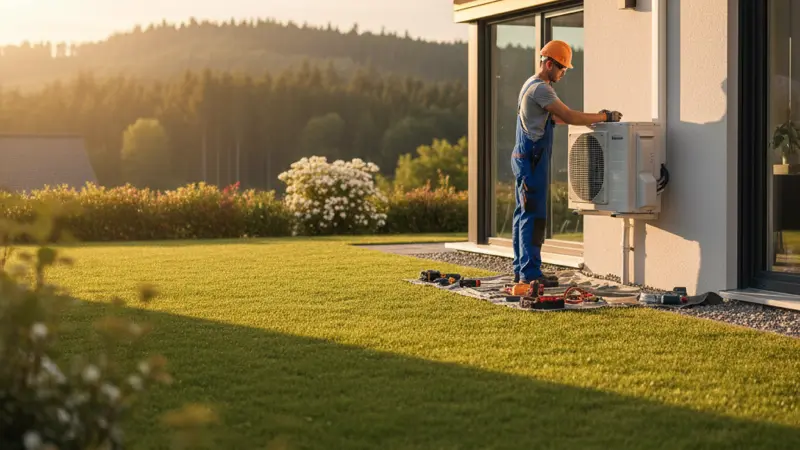 Fachhandwerker installiert Luft-Wasser-Wärmepumpe an Karlsruher Einfamilienhaus