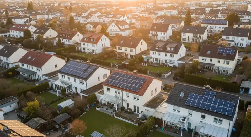 Aerial drone view of typical German residential neighborhood with mixed roof types, red and dark roof tiles, gardens visible, sunny day