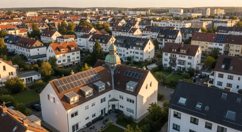 Aerial drone view of typical German residential neighborhood with mixed roof types, red and dark roof tiles, gardens visible, sunny day