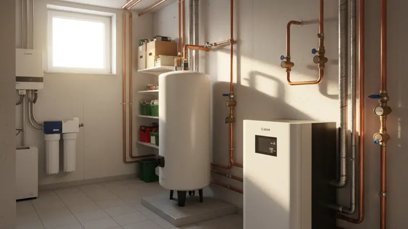 Wärmepumpe Inneneinheit im Technikraum eines Karlsruher Hauses mit Pufferspeicher