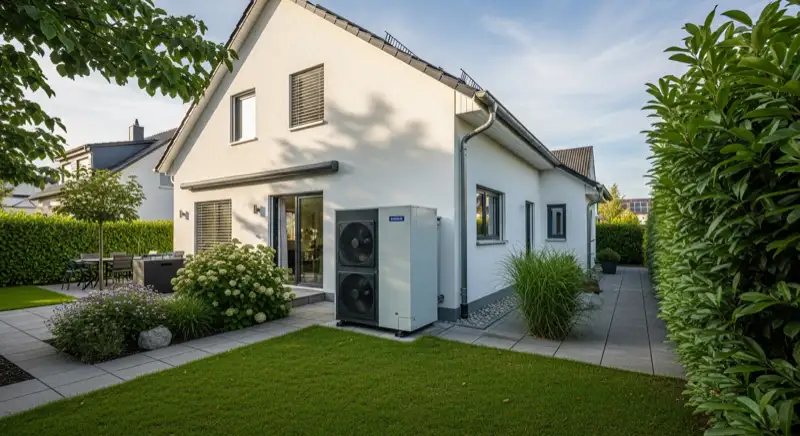 Einfamilienhaus in Karlsruhe mit moderner Luft-Wärmepumpe im Garten